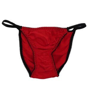 Vintage Women Solid Red Satin Black Ruched Bikini Panty SEE MEASUREMENTS Sexy